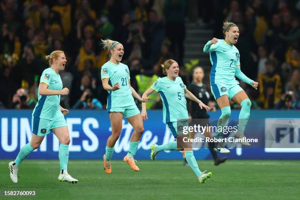 Steph Catley of Australia celebrates after scoring her team's fourth goal during the FIFA Women's World Cup Australia & New Zealand 2023 Group B...