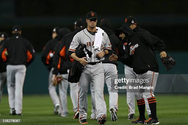 Ryan Vogelsong of the San Francisco Giants walks to the dugout before Game 3 of the 2012 World Series between the San Francisco Giants and Detroit...