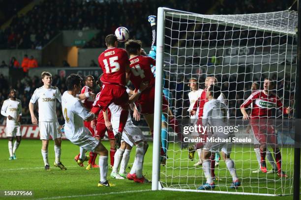 Seb Hines of Middlesbrough goes close with a header as Gerhard Tremmel the goalkeeper of Swansea City is put under pressure during the Capital One...