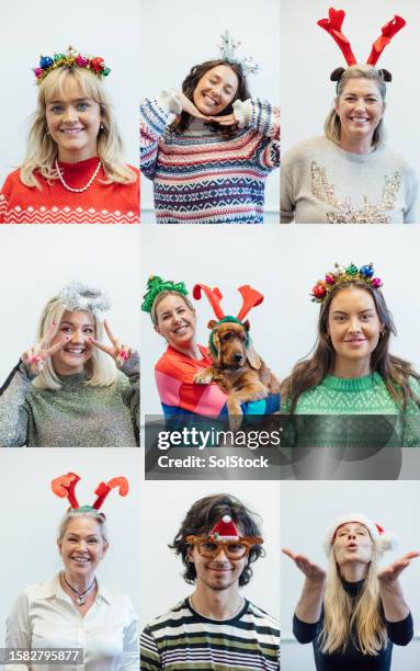 xmas party collage - christmas jumper stock pictures, royalty-free photos & images