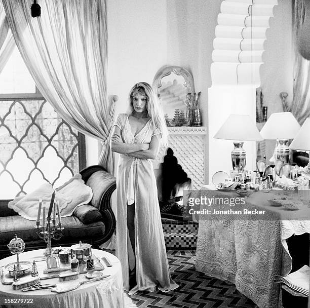 Actress Arielle Dombasle is photographed for Vanity Fair Magazine on March 16, 2002 at Bernard-Henri Levy's eighteenth century palace in Marrakech,...