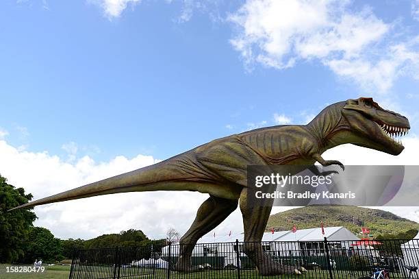 Large model T-Rex dinosaur named Jeff is seen during round one of the Australian PGA at the Palmer Coolum Resort on December 13, 2012 in Sunshine...