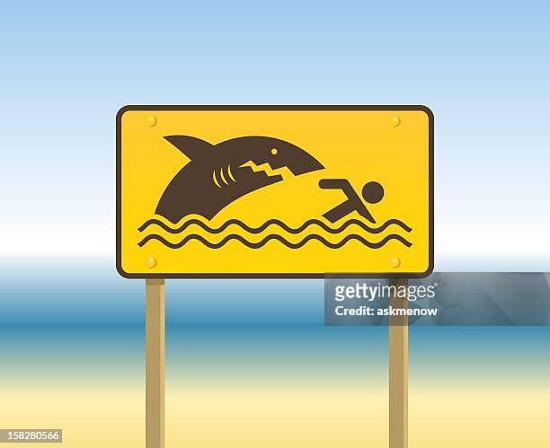 stockillustraties, clipart, cartoons en iconen met a yellow sign at the beach meaning beware of sharks - haai