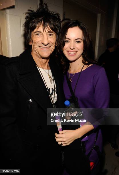 Ronnie Wood and Sally Humphreys backstage during "12-12-12" a concert benefiting The Robin Hood Relief Fund to aid the victims of Hurricane Sandy...