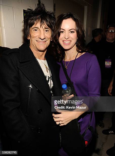 Ronnie Wood and Sally Humphreys backstage during "12-12-12" a concert benefiting The Robin Hood Relief Fund to aid the victims of Hurricane Sandy...