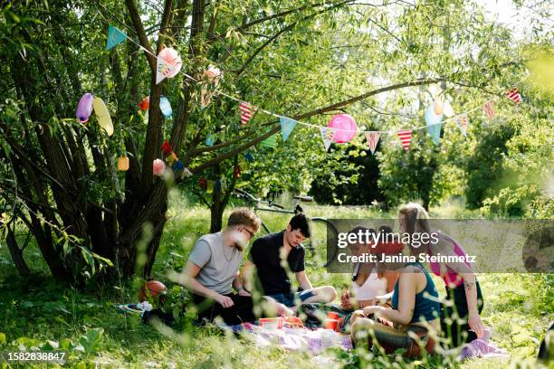 landscape format of a group of young people generation z sitting in the nature and doing a picnic - picnic fotografías e imágenes de stock