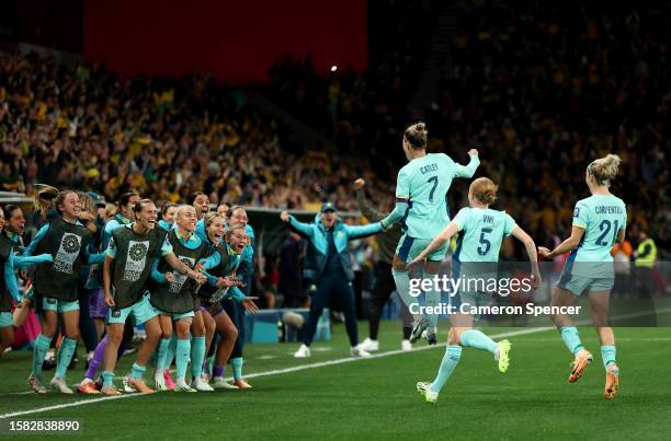 Steph Catley of Australia celebrates with teammates after scoring her team's fourth goal during the FIFA Women's World Cup Australia & New Zealand...