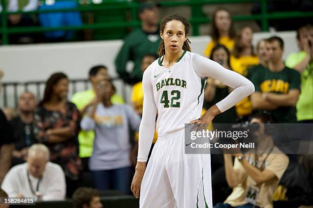 Brittney Griner of the Baylor University Bears looks down court against the Oral Roberts University Golden Eagles on December 12, 2012 at the Ferrell...