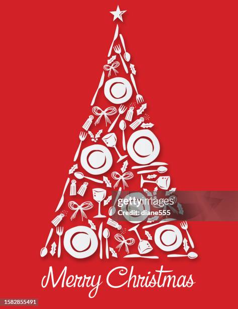 cut paper christmas tree invitation template - christmas table setting stock illustrations