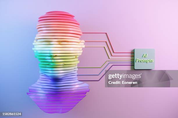3d sliced cyborg head made of by artificial intelligence - orthographic symbol stock pictures, royalty-free photos & images