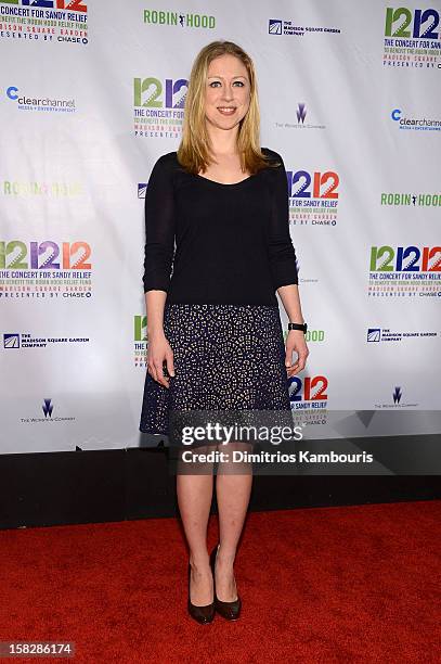 Chelsea Clinton attends "12-12-12" a concert benefiting The Robin Hood Relief Fund to aid the victims of Hurricane Sandy presented by Clear Channel...