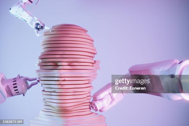 3d sliced cyborg head made of by robotic arms - genius icon stock pictures, royalty-free photos & images