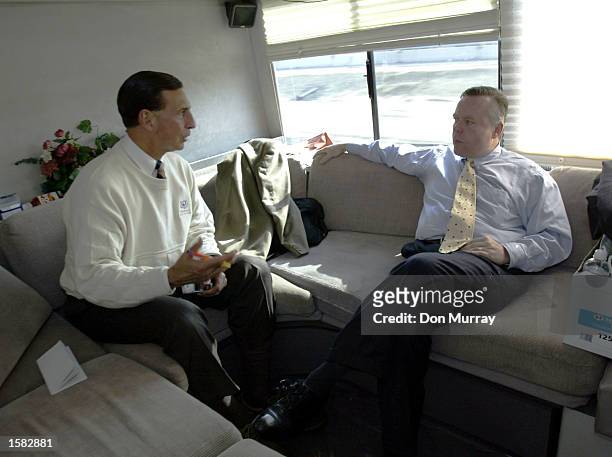 Republican candidate for U.S. Senate in New Jersey Douglas Forrester and Congressman Frank LoBiondo talk November 1, 2002 in Ventnor, New Jersey....