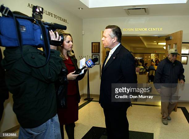 Republican candidate for U.S. Senate in New Jersey Douglas Forrester is interviewed by a local television reporter November 1, 2002 in Atlantic City,...