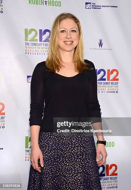Chelsea Clinton attends "12-12-12" a concert benefiting The Robin Hood Relief Fund to aid the victims of Hurricane Sandy presented by Clear Channel...