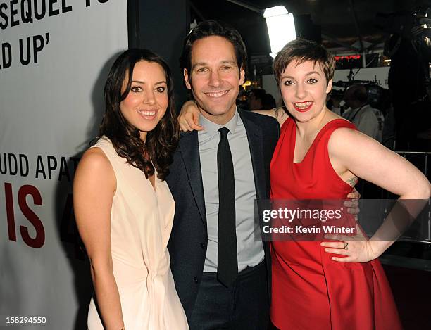 Actors Aubrey Plaza, Paul Rudd and Lena Dunham attend the Premiere Of Universal Pictures' "This Is 40" at Grauman's Chinese Theatre on December 12,...