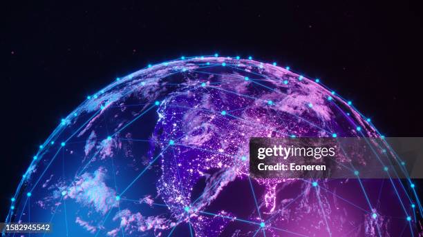 earth view from space with global communication network - planeta imagens e fotografias de stock