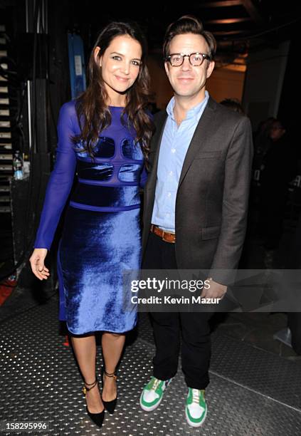 Katie Holmes and Jason Sudeikis backstage during "12-12-12" a concert benefiting The Robin Hood Relief Fund to aid the victims of Hurricane Sandy...