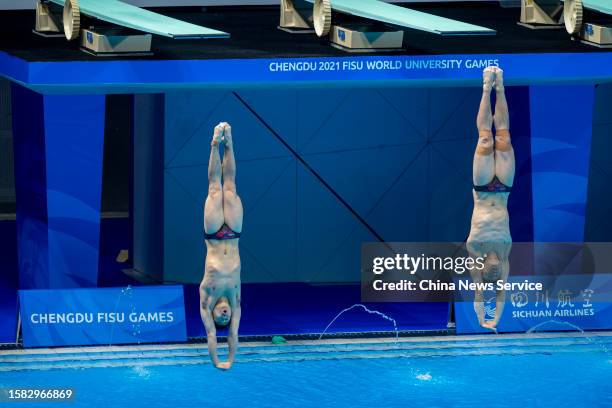 Huang Bowen and Liang Chaohui of Team China compete in the Diving Men's Synchronised 3m Springboard Final on day 3 of 31st FISU Summer World...