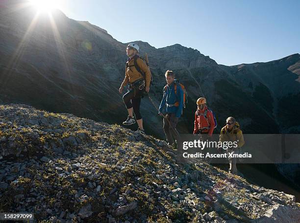 climbers approach summit of mountain, sunrise - bergsteiger gruppe stock-fotos und bilder