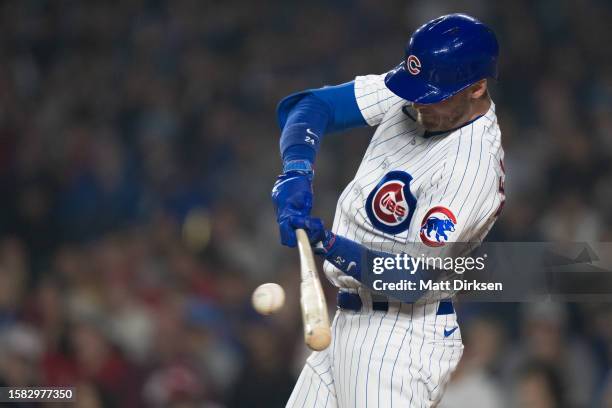 Cody Bellinger of the Chicago Cubs hits in a game against the Philadelphia Phillies at Wrigley Field on June 27, 2023 in Chicago, Illinois.