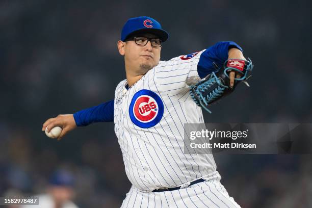 Javier Assad of the Chicago Cubs pitches in a game against the Philadelphia Phillies at Wrigley Field on June 27, 2023 in Chicago, Illinois.