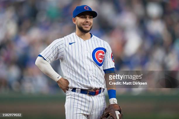 Nick Madrigal of the Chicago Cubs smiles in a game against the Philadelphia Phillies at Wrigley Field on June 27, 2023 in Chicago, Illinois.