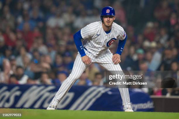 Cody Bellinger of the Chicago Cubs leads off first in a game against the Philadelphia Phillies at Wrigley Field on June 27, 2023 in Chicago, Illinois.