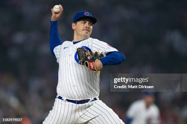 Michael Rucker of the Chicago Cubs pitches in a game against the Philadelphia Phillies at Wrigley Field on June 27, 2023 in Chicago, Illinois.