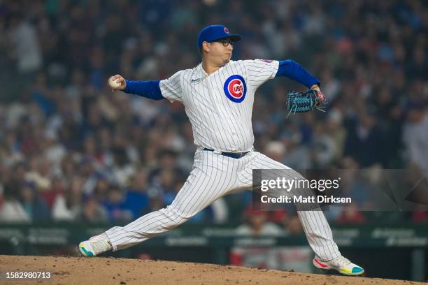 Javier Assad of the Chicago Cubs pitches in a game against the Philadelphia Phillies at Wrigley Field on June 27, 2023 in Chicago, Illinois.