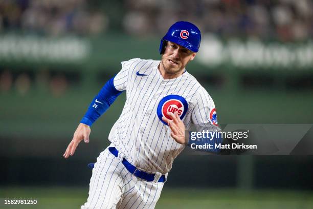 Cody Bellinger of the Chicago Cubs rounds the bases in a game against the Philadelphia Phillies at Wrigley Field on June 27, 2023 in Chicago,...