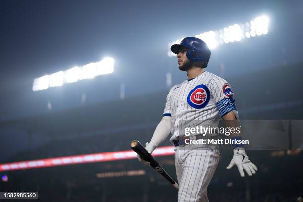 Nick Madrigal of the Chicago Cubs stands on deck in a game against the Philadelphia Phillies at Wrigley Field on June 28, 2023 in Chicago, Illinois.