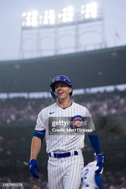 Jared Young of the Chicago Cubs celebrates a home run in a game against the Philadelphia Phillies at Wrigley Field on June 28, 2023 in Chicago,...