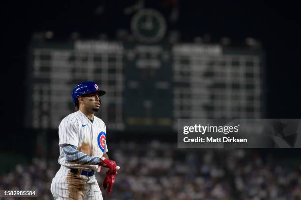 Christopher Morel of the Chicago Cubs leads off third base in a game against the Philadelphia Phillies at Wrigley Field on June 28, 2023 in Chicago,...