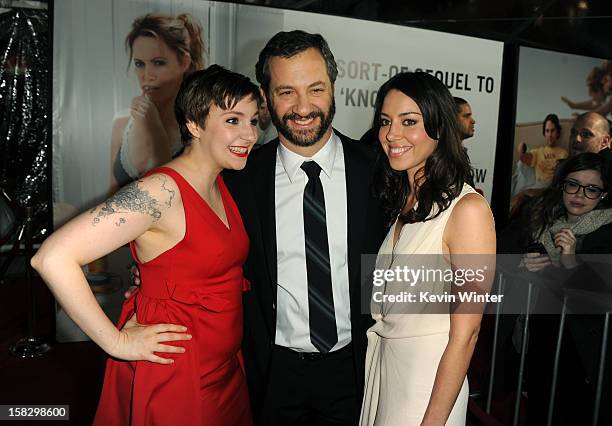 Actress Lena Dunham, director Judd Apatow and actress Aubrey Plaza attend the premiere of Universal Pictures' "This Is 40" at Grauman's Chinese...