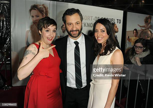 Actress Lena Dunham, director Judd Apatow and actress Aubrey Plaza attend the premiere of Universal Pictures' "This Is 40" at Grauman's Chinese...