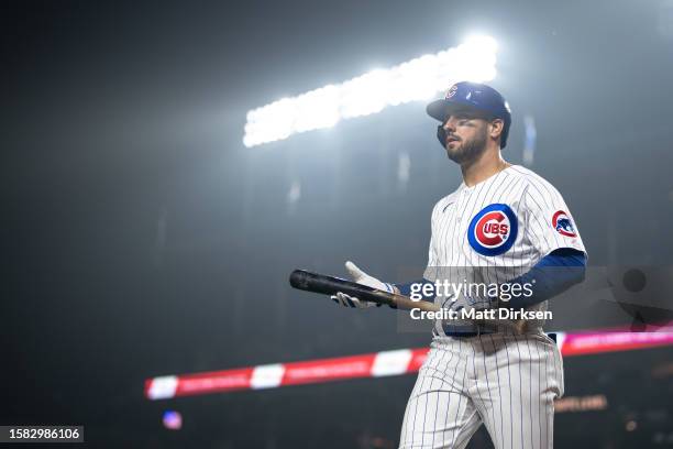 Mike Tauchman of the Chicago Cubs stands on deck in a game against the Philadelphia Phillies at Wrigley Field on June 28, 2023 in Chicago, Illinois.