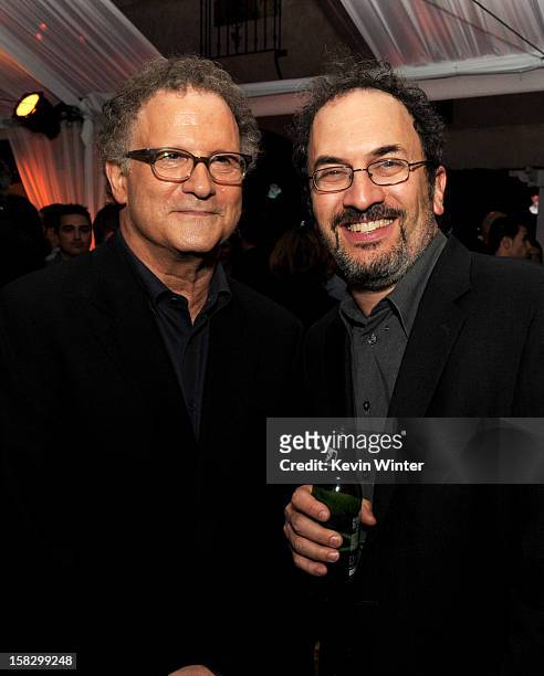 Actors Albert Brooks and Robert Smigel pose at the after party for the premiere of Universal Pictures' "This is 40" at The Roosevelt Hotel on...