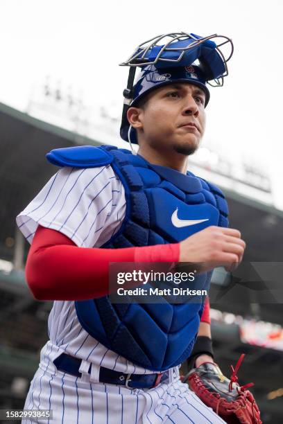 Miguel Amaya of the Chicago Cubs takes the field before a game against the Philadelphia Phillies at Wrigley Field on June 29, 2023 in Chicago,...