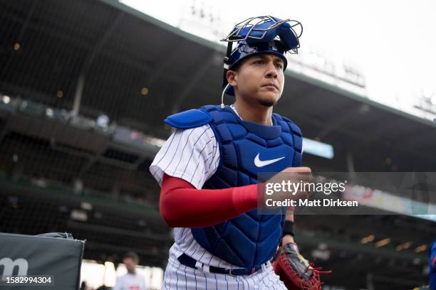 Miguel Amaya of the Chicago Cubs takes the field before a game against the Philadelphia Phillies at Wrigley Field on June 29, 2023 in Chicago,...