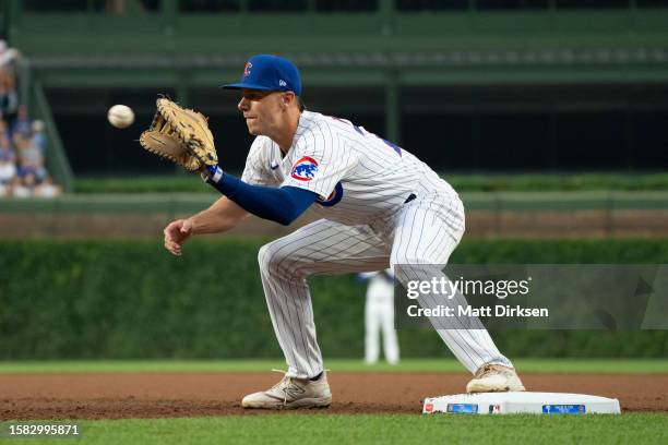 Jared Young of the Chicago Cubs plays first base in a game against the Philadelphia Phillies at Wrigley Field on June 29, 2023 in Chicago, Illinois.