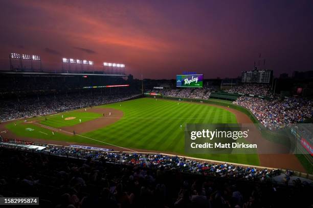 General view of Wrigley Field at sunset during a game between the Chicago Cubs and the Philadelphia Phillies on June 29, 2023 in Chicago, Illinois.