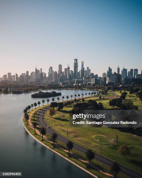 panoramic view of melbourne from albert park. - melbourne parkland stock pictures, royalty-free photos & images