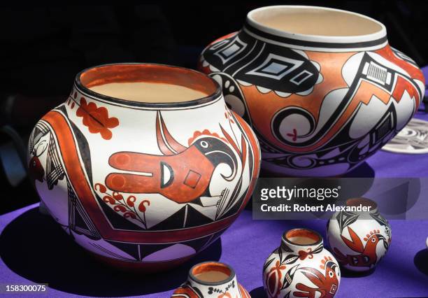 Traditional Native American pottery by Acoma Pueblo artist Wanda Aragon for sale at the 2012 Indian Market presented each August by the Southwestern...