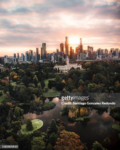 a panorama of the city of melbourne from the royal botanic gardens. - melbourne australia fotografías e imágenes de stock