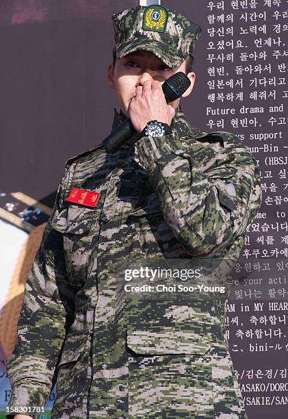 Hyun Bin is seen after being discharged from the military service at Headquarters Marine Corps on December 6, 2012 in Gyeonggi-do, South Korea.