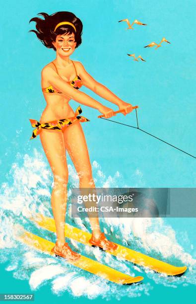 woman waterskiing - water skiing stock illustrations