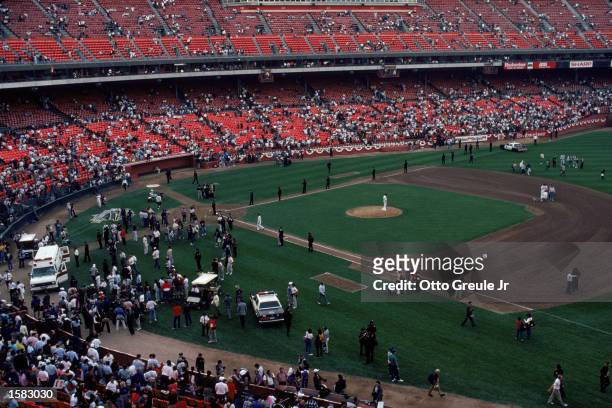 General view of the crowds in Candlestick Park after an earthquake, measuring 7.1 on the richter scale, rocks game three of the World Series between...