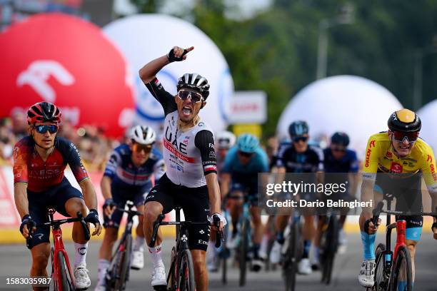 Rafał Majka of Poland and UAE Team Emirates celebrates at finish line as stage winner ahead of Michał Kwiatkowski of Poland and Team INEOS Grenadiers...