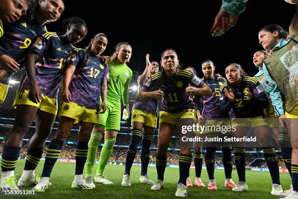 Catalina Usme of Colombia talks to the team in a huddle prior to the FIFA Women's World Cup Australia & New Zealand 2023 Group H match between...